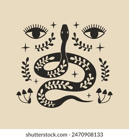 Silhouette of snake with eyes and leaf branches. Abstract minimalist boho vector flat illustration