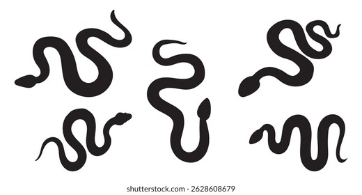 Silhouette of Snake Simple Vector Design, viper snake  icon, vector silhouette, Curved snake animal design  silhouette set. Isolated snake silhouette on white background EPS 10