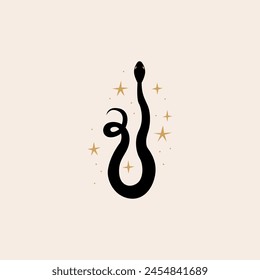 Silhouette of snake and stars. Bohemian mystical clipart. Vector illustration of serpent. Boho minimalist logo