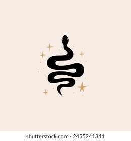 Silhouette of snake and stars. Bohemian mystical clipart. Vector illustration of serpent. Boho minimalist logo