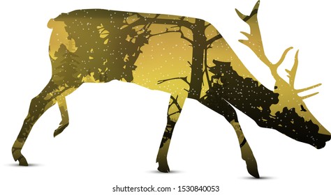 Silhouette of snarling elk with yellow (autumn) landscape.