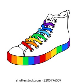 Silhouette Of A Sneaker With A Rainbow Sole And Laces. LGBTQ Pride Month. Vector Flat Illustration.