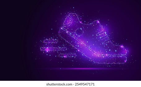 Silhouette of sneakers made of glowing, multicolored dots, resembling stars. The particles form their sporty shape, symbolizing movement, energy, and casual style.