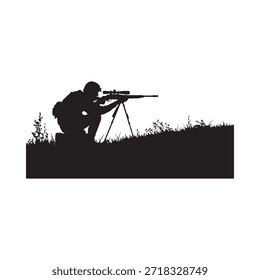 Silhouette of a sniper in a crouching position aiming with a rifle