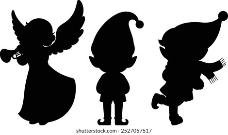 Silhouette snow angel and elf illustration, christmas decoration clip art