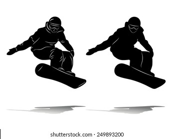 silhouette snowboard man on snow, jumps on snowboard, black contour on white background