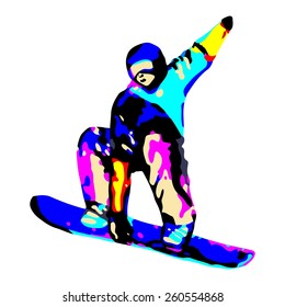 silhouette snowboard man on snow, jumps on snowboard, color contour on white background