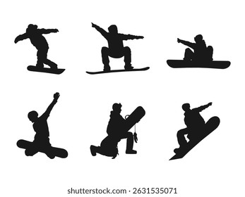 silhouette snowboard man on snow, jumps on snowboard. Silhouettes of snowboarder isolated. Row of snowboard silhouettes jumping. Silhouette of a snowboarder isolated on a white background.