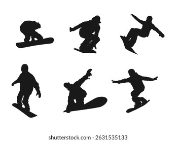 silhouette snowboard man on snow, jumps on snowboard. Silhouettes of snowboarder isolated. Row of snowboard silhouettes jumping. Silhouette of a snowboarder isolated on a white background.