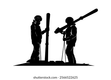 Silhouette of snowboarder and ice skier having fun together on winter, vector illustration