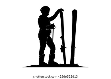 Silhouette of snowboarder, ice skier standing with ski board, winter sport, vector illustration