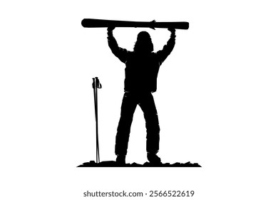 Silhouette of snowboarder, ice skier standing with ski board, winter sport, vector illustration