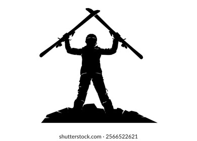 Silhouette of snowboarder, ice skier standing with ski board, winter sport, vector illustration