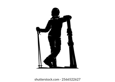 Silhouette of snowboarder, ice skier standing with ski board, winter sport, vector illustration