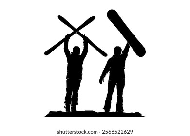 Silhouette of snowboarder, ice skier standing with ski board, winter sport, vector illustration