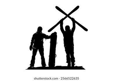 Silhouette of snowboarder, ice skier standing with ski board, winter sport, vector illustration