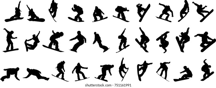 Silhouette of a snowboarder isolated on a white background. 