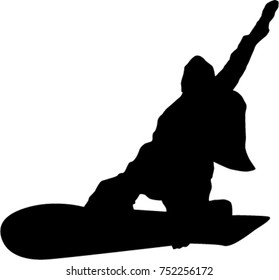 Silhouette of a snowboarder isolated on a white background. 