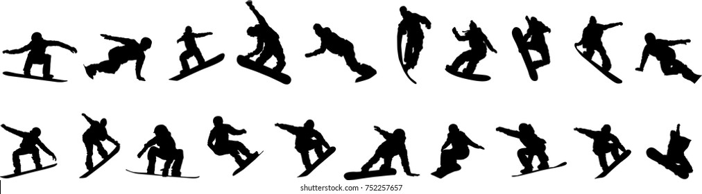 Silhouette of a snowboarder isolated on a white background. 