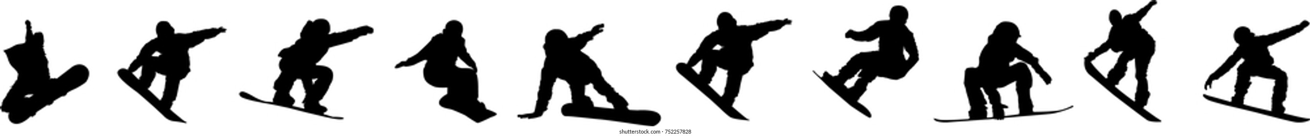 Silhouette of a snowboarder isolated on a white background. 