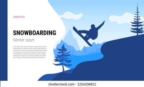 Silhouette of a snowboarder jumping. Mountain landscape. Snowboarder in motion. Landing page template. Vector illustration