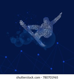 Silhouette of a snowboarder jumping on blue background, connecting dots and lines. Light connection structure. Low poly vector background.
