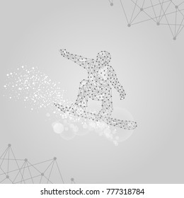 Silhouette of a snowboarder jumping on gray background, connecting dots and lines. Light connection structure. Low poly vector background.