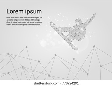 Silhouette of a snowboarder jumping on gray background, connecting dots and lines. Light connection structure. Low poly vector background.