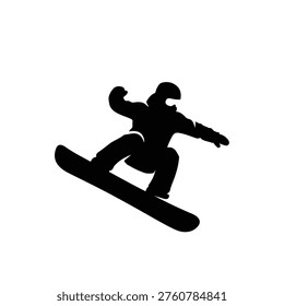 A silhouette of a snowboarder in motion, captured mid-air as they perform a dynamic trick on their board.