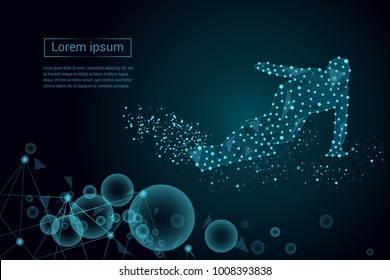 Silhouette of a snowboarder on dark blue background, connecting dots and lines. Light connection structure. Low poly vector background.