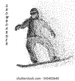 Silhouette of a snowboarder from particles. Abstract dotted surface. Black dots on white background. Particle divergent composition. Extreme sport snowboarding