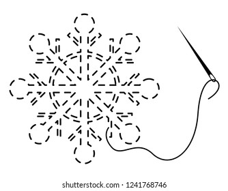 Silhouette of snowflake with interrupted contour. Vector illustration of handmade work with embroidery thread and needle on white background.