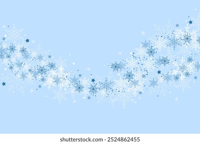 Silhueta de flocos de neve caindo no fundo azul claro do inverno. Design de Natal festivo. Design de onda de neve. Contexto sazonal gelado.