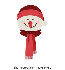 silhouette of snowman face with scarf and christmas hat vector illustration