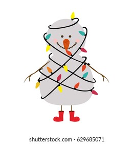 silhouette of snowman with red boots and tangled in cord lights christmas vector illustration