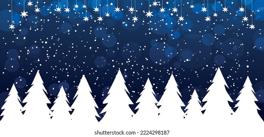 Silhouette de nevados árboles navideños contra el fondo del cielo azul nocturno con nevada, pancarta de invierno, fondo de Año Nuevo para texto. Ilustración vectorial plana.