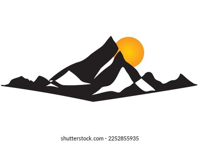 Silhouette of snowy mountains and sun. Winter landscape, firs snow, winter travel. Adventure winter sports concept isolated on white background. Vector illustration black and white mountain drawing.