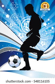 Silhouette Soccer Action Player on grunge background. Match announcement poster. Concept flyer or abstract football design. Original illustration sports series with Ball and place for your text, eps8