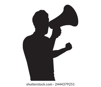 silhouette of soccer fan with megaphone in hand celebrating isolated vector in white background.