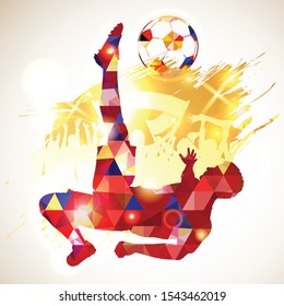 silhouette soccer football player and ball, fans on grunge background. modern poligonal pattern. vector illustration