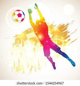 silhouette soccer football player goalkeeper and ball. soccer fans on grunge background. modern bright vibrant color. vector illustration