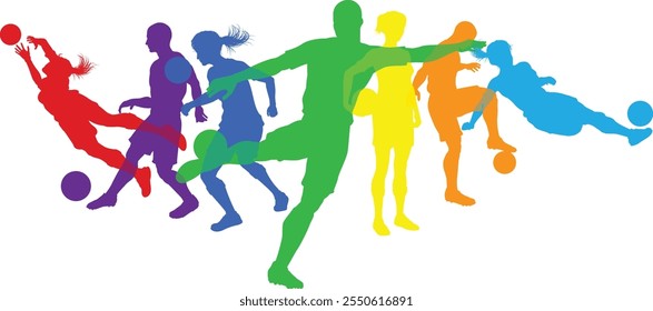 Silhouette soccer football player set. Active sports people healthy players fitness silhouettes concept.