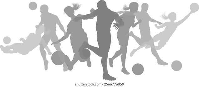 Silhouette soccer football player set. Active sports people healthy players fitness silhouettes concept.