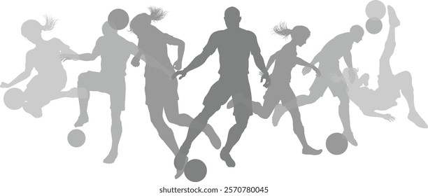 Silhouette soccer football player set. Active sports people healthy players fitness silhouettes concept.