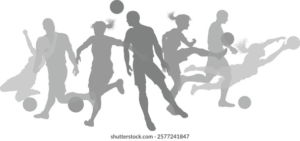 Silhouette soccer football player set. Active sports people healthy players fitness silhouettes concept.