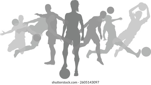 Silhouette soccer football player set. Active sports people healthy players fitness silhouettes concept.