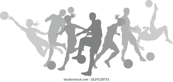 Silhouette soccer football player set. Active sports people healthy players fitness silhouettes concept.