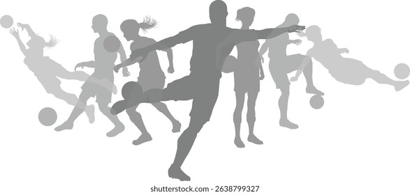 Silhouette soccer football player set. Active sports people healthy players fitness silhouettes concept.