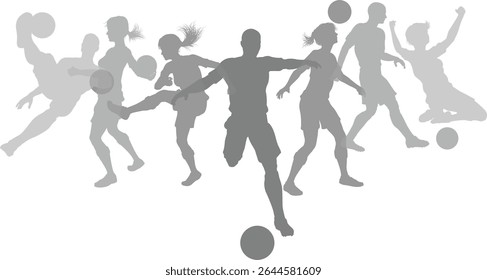 Silhouette soccer football player set. Active sports people healthy players fitness silhouettes concept.