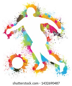 Silhouette of soccer football player, Vector colorful paint, drops, ink splashes, Sport, Goal, Exercise, Logo, Symbol, Illustration background.